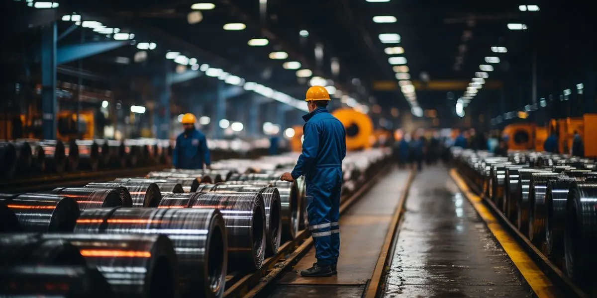 Workers in a metal processing mill inspecting rows of coiled metal on a production line.