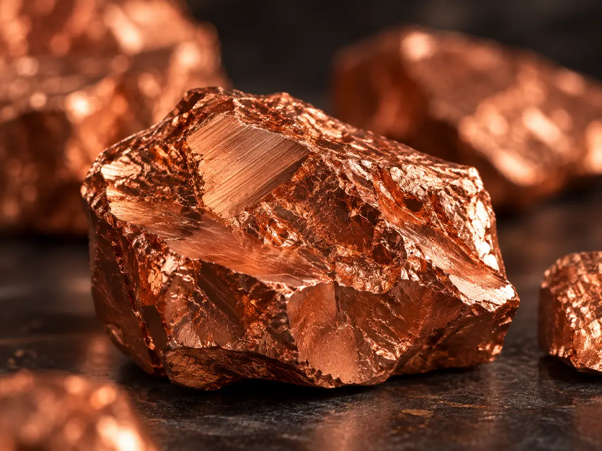 A rough, copper-coloured metallic specimen under directional light.