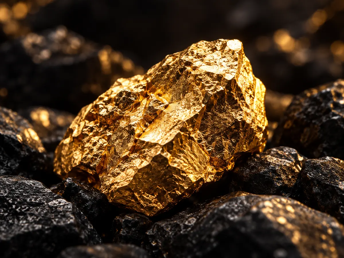A gold-coloured metallic specimen resting on dark rock.