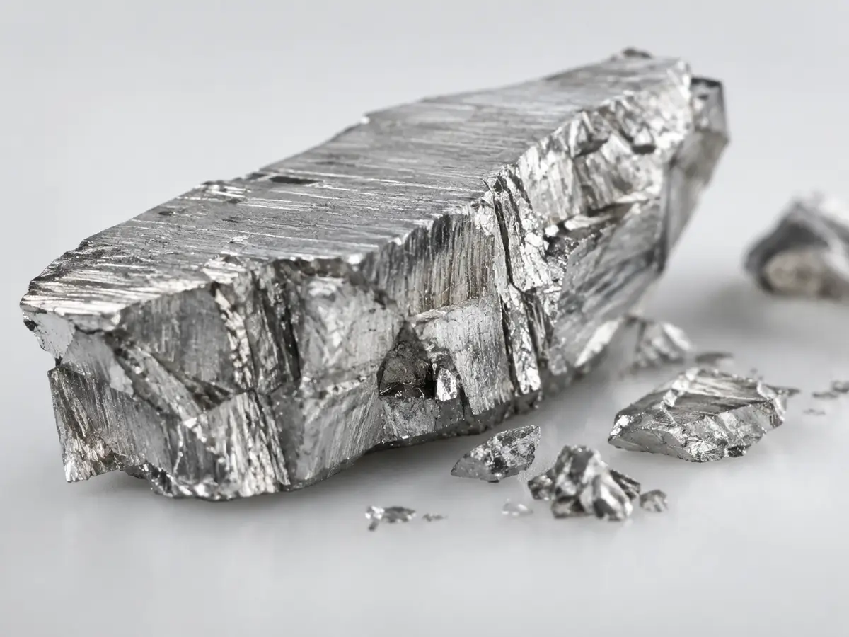 A silver-grey metallic specimen with small flaked fragments on a light surface.